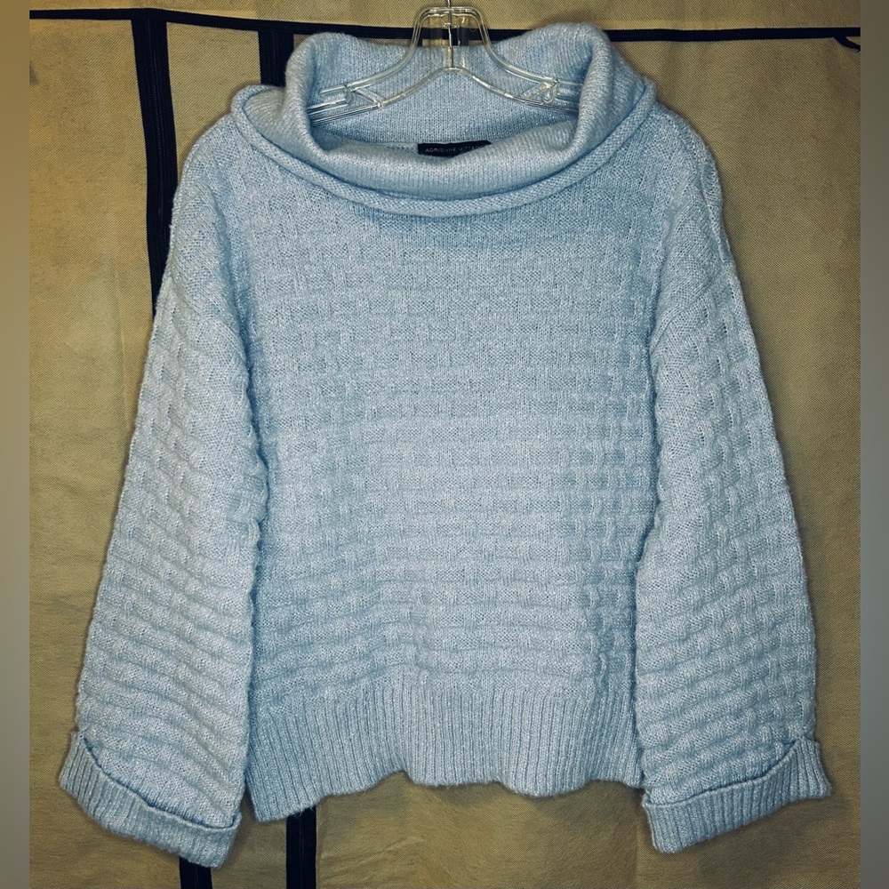 Adrienne Vittadini Womens‎ L Basket Weave Blue Silver Cowl Neck Sweater New